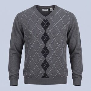 IZOD Sweater Mens XL Gray Argyle V-Neck 100% Cotton Pullover Classic Knit L/S